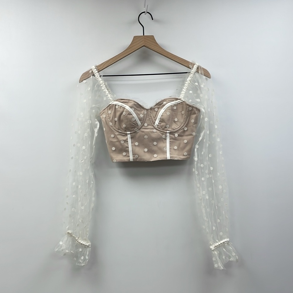 Hello Molly Sunset Polka Dot Mesh Sweetheart Corset Crop Top Preppy Beige 4 - Picture 9 of 12